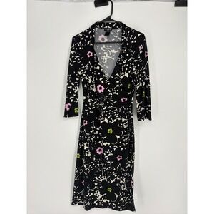 BCBG Paris Dress Women L Black Floral Faux Wrap Midi 3/4 Sleeve V-Neck Ruched